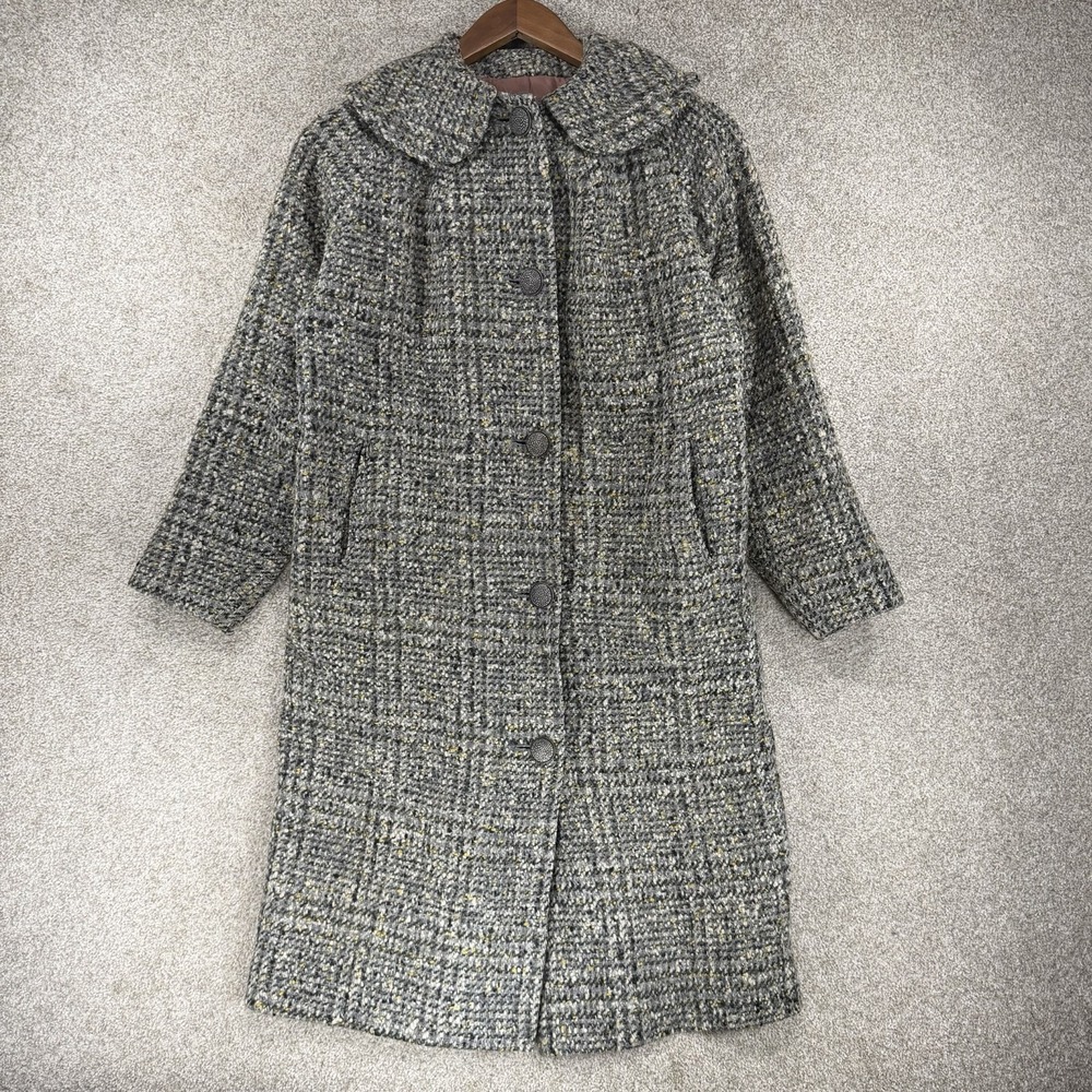 VTG Tweed Wool? Pea Coat Dress Jacket 50s 60s *Flaw* Grey Brown Small